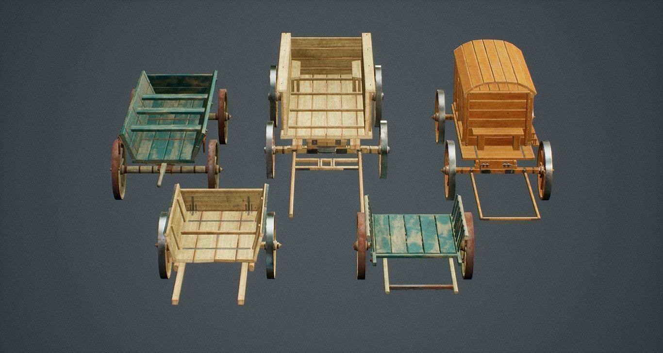 Wooden Carts modular asset pack Free low-poly 3D model_4