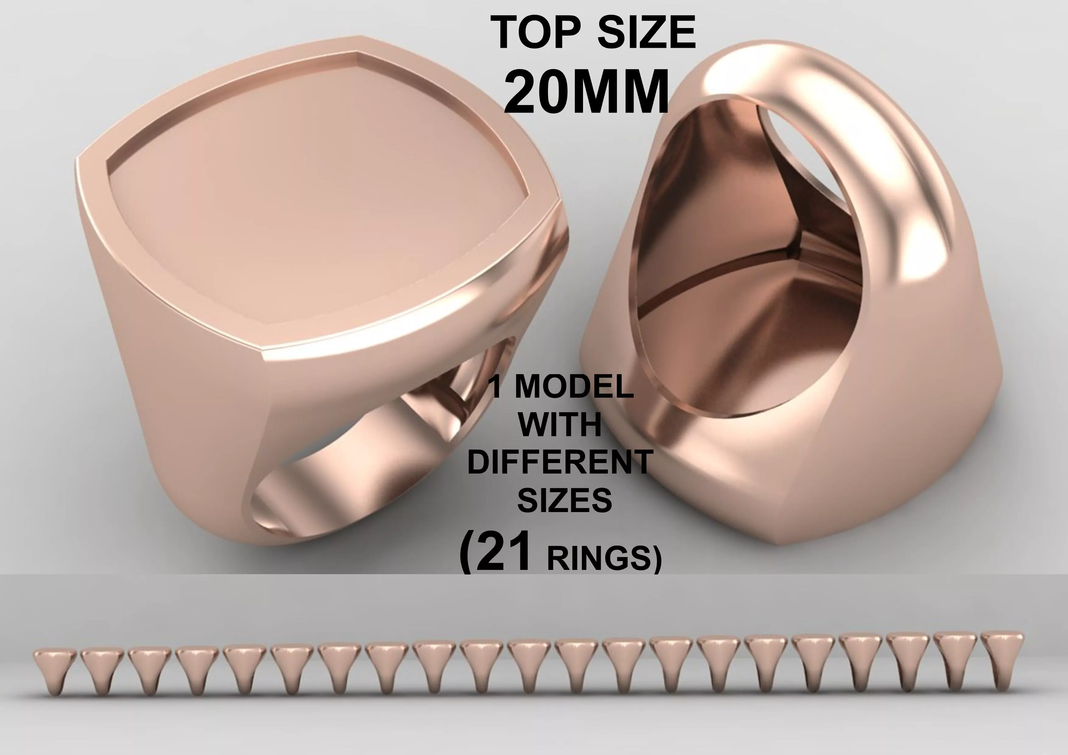 cushion square Signet Ring Base 20 MM top in All sizes 302-MWC 3D print model