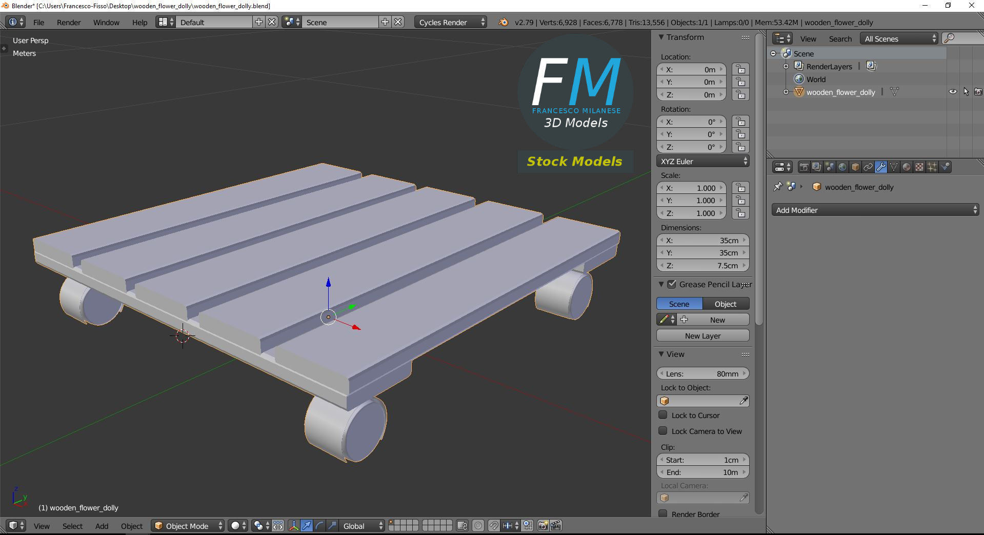 Wooden flower dolly 3D model_9