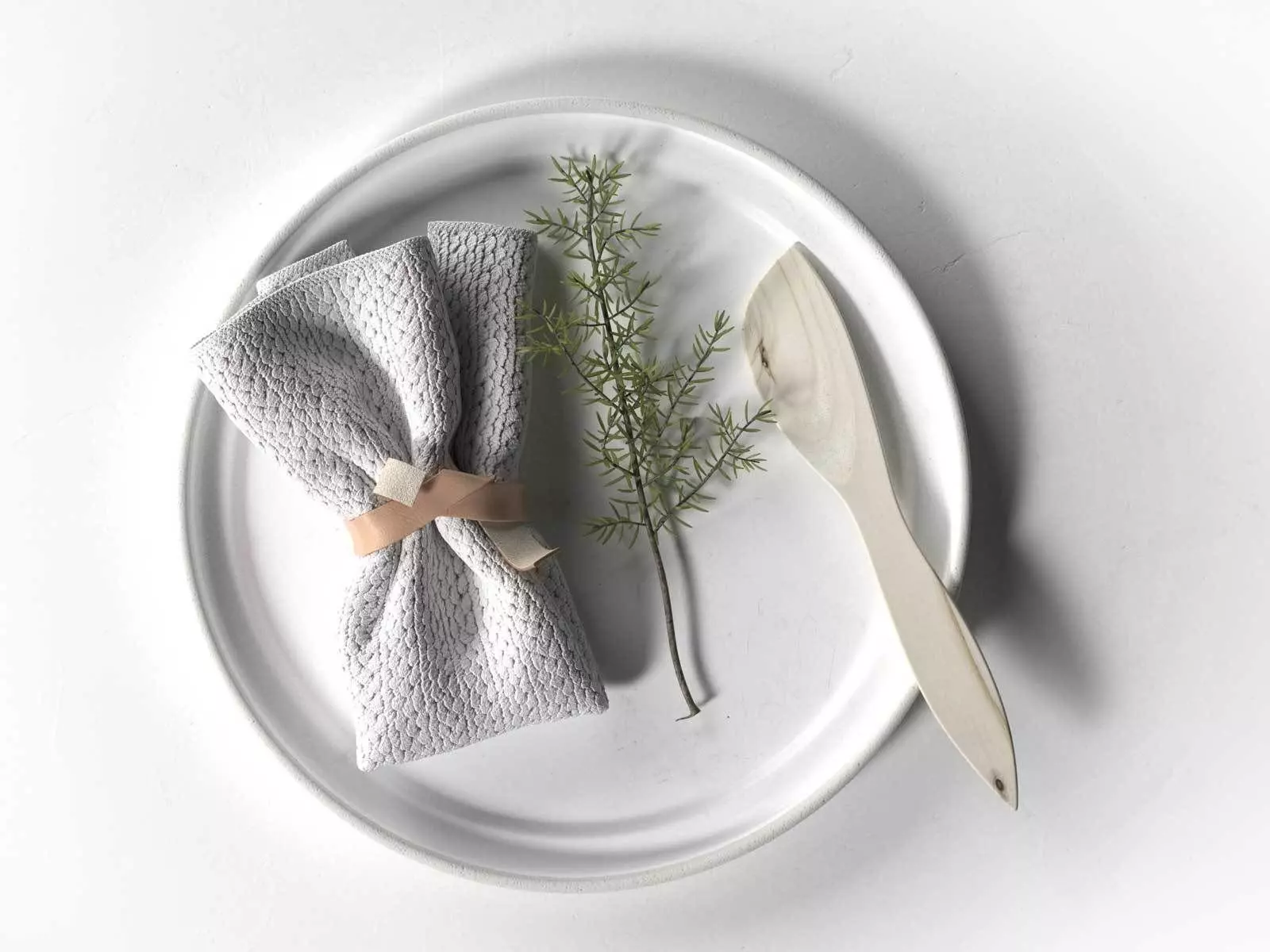 Plate with Napkin Rosemary and Wooden Knife 3D model_0