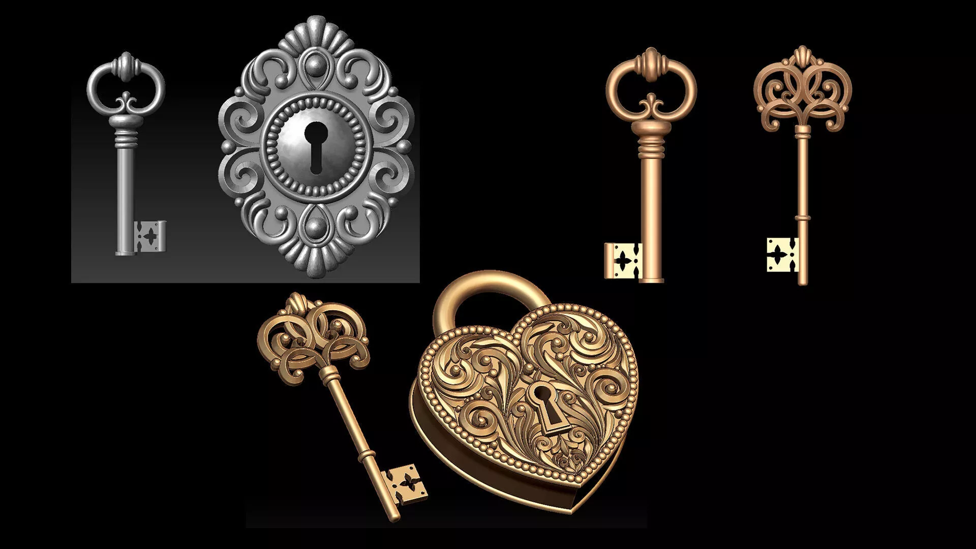 Ornate Antique Key and Keyhole Set Vintage Lock Key Collection 3D print model
