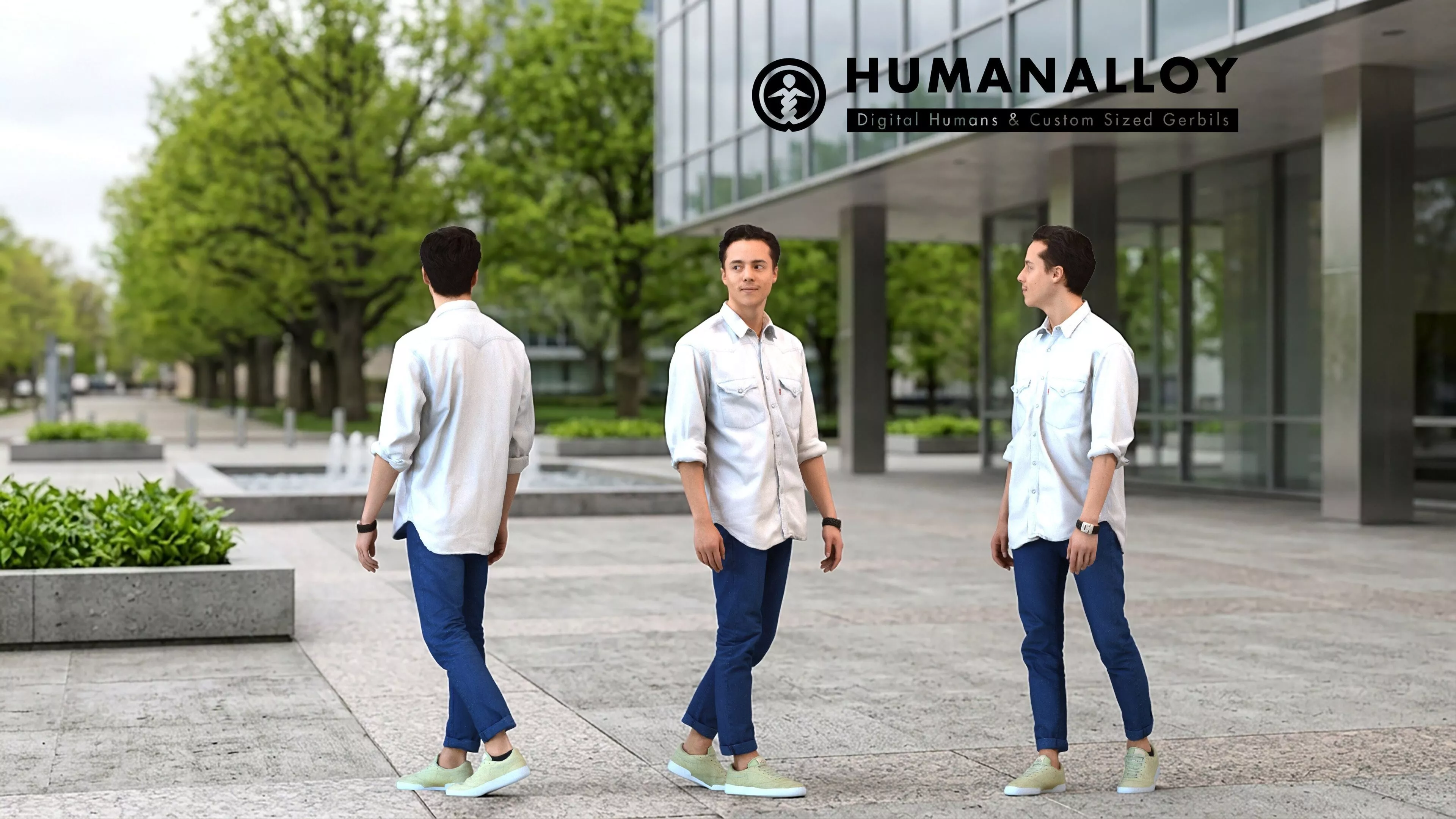 Adult Caucasian man walking through public space in 3D model