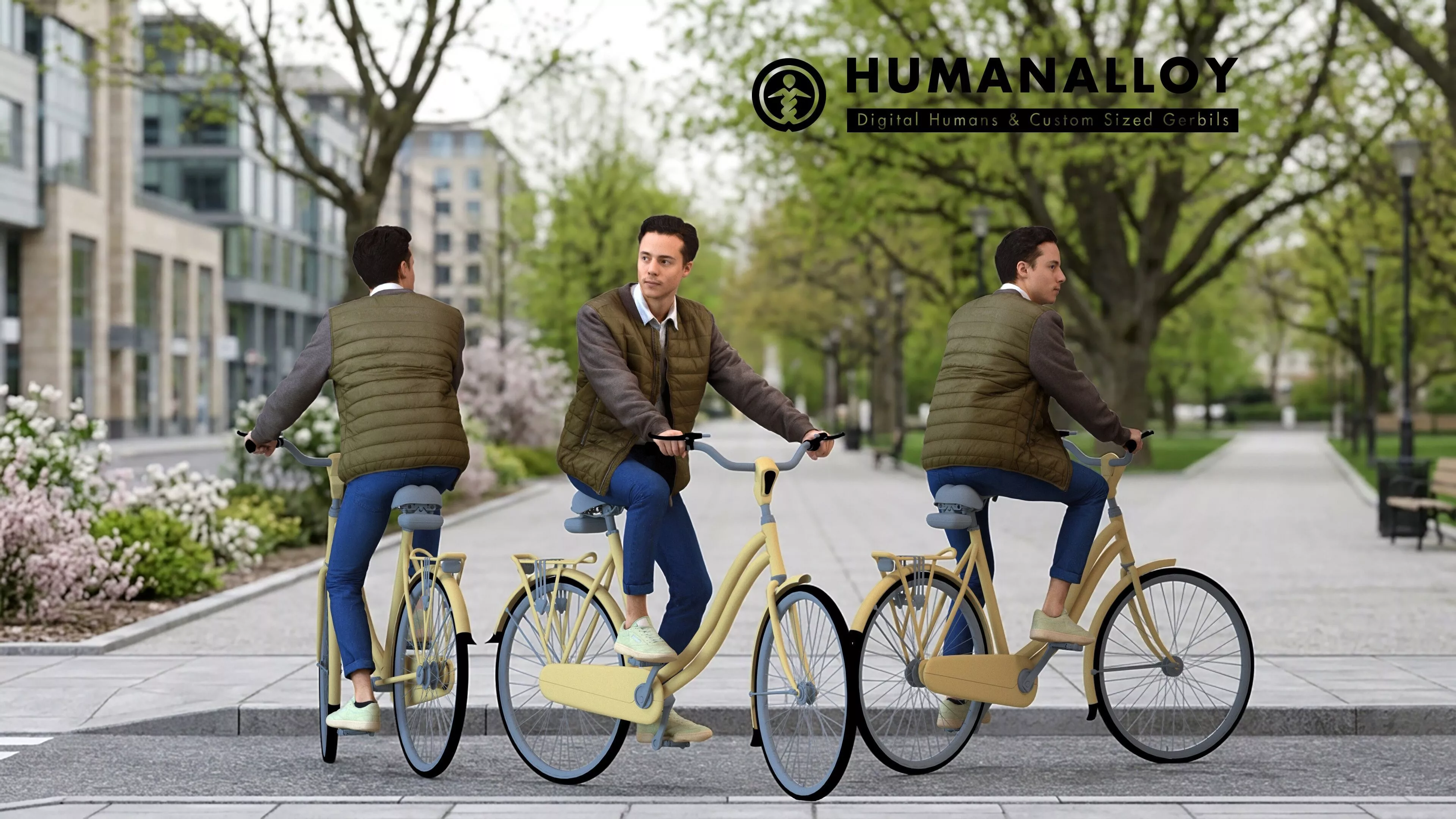 Adult Caucasian man cycling in public space wearing 3D model