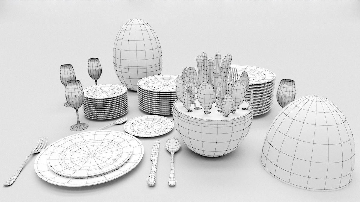 Cutlery set dinnerware and silverware on table 3D model_3
