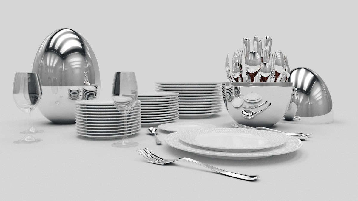 Cutlery set dinnerware and silverware on table 3D model_2