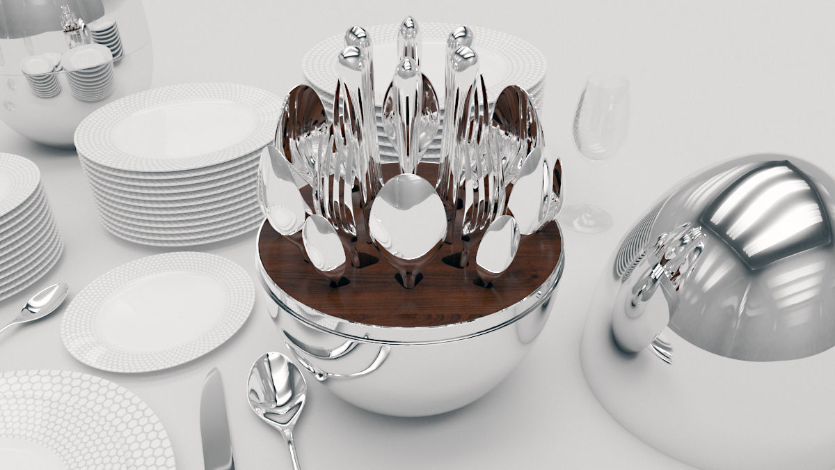 Cutlery set dinnerware and silverware on table 3D model_1