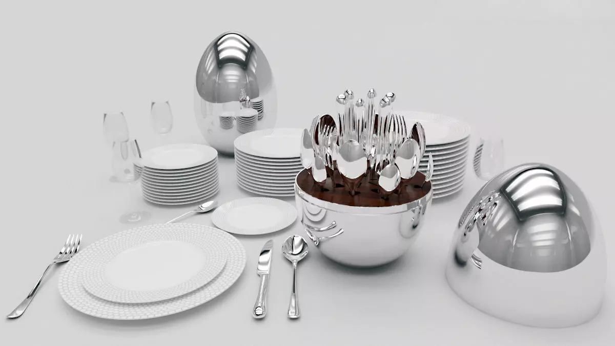 Cutlery set dinnerware and silverware on table 3D model_0