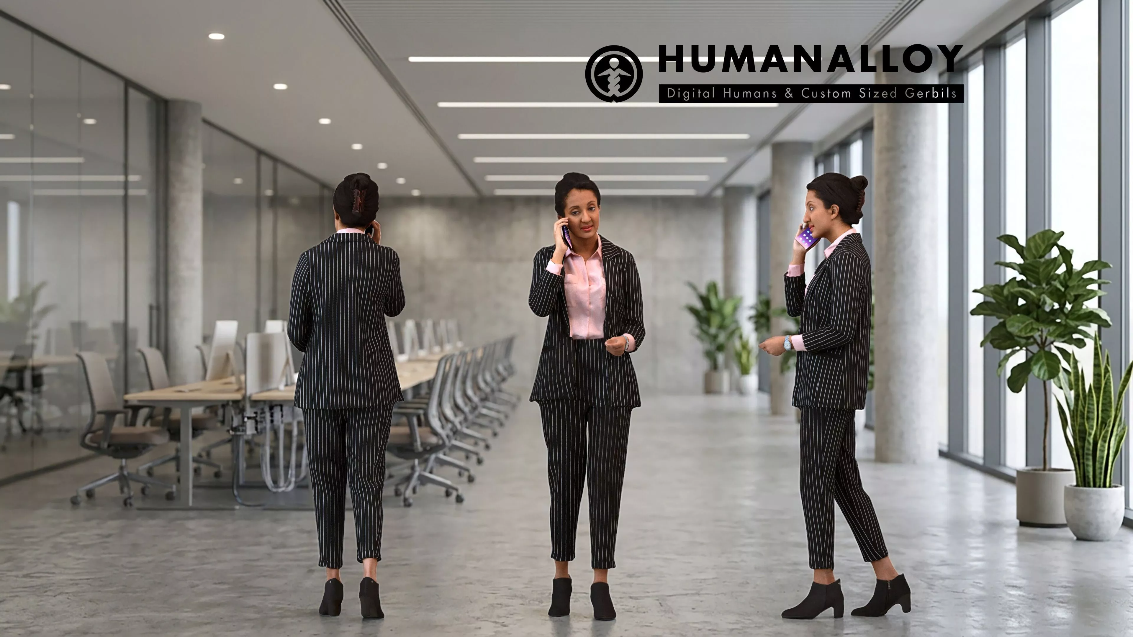 Adult Indian woman making phone call in office wearing 3D model