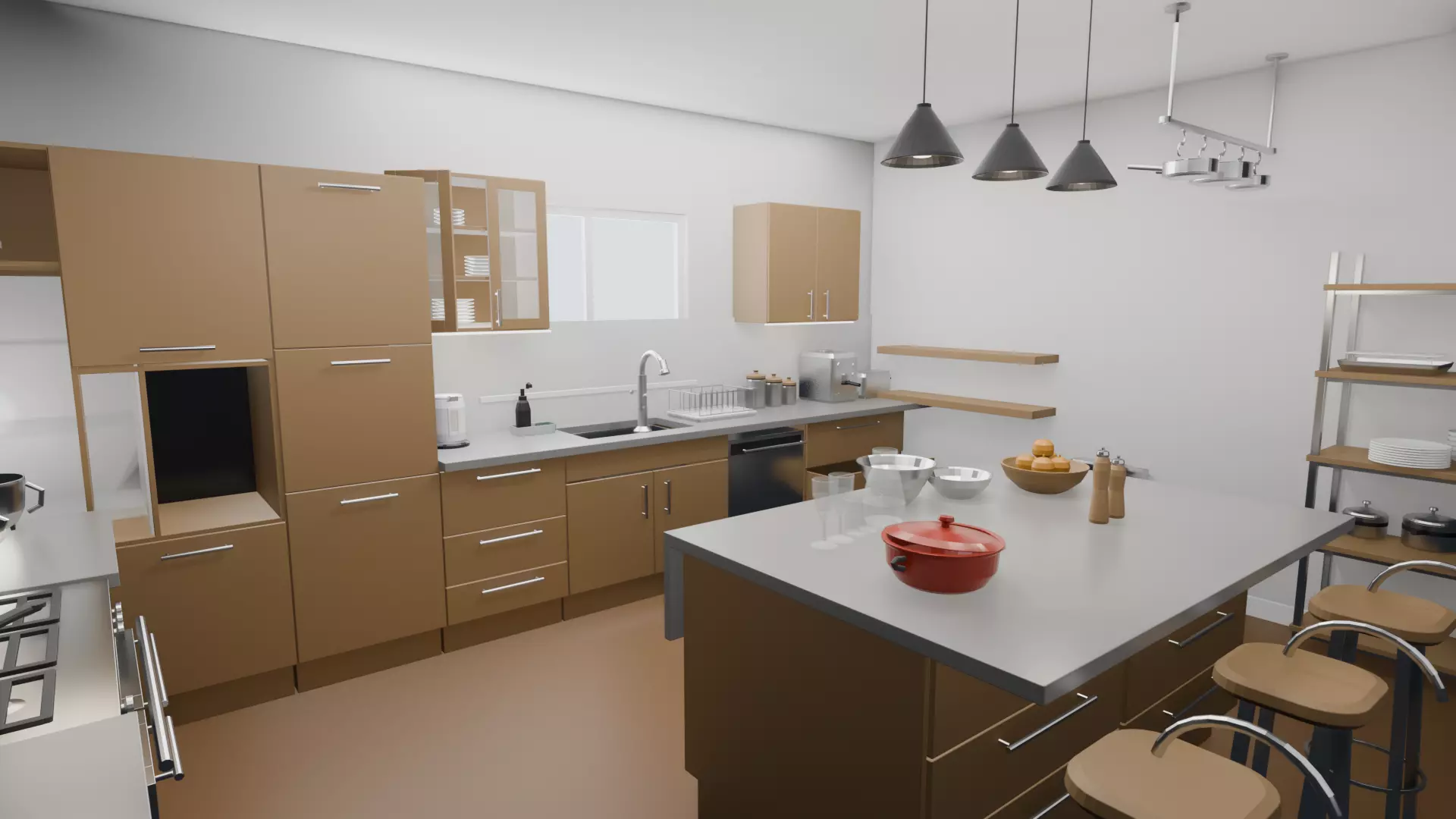 Modern Kitchen Interior Scene - Furnished Room with 53 Models Low-poly 3D model
