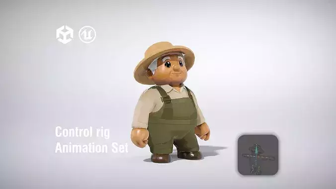 Cartoon Farmer Character with Hat and Overalls low poly 3d model