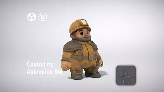 Cartoon miner character with helmet and work uniform