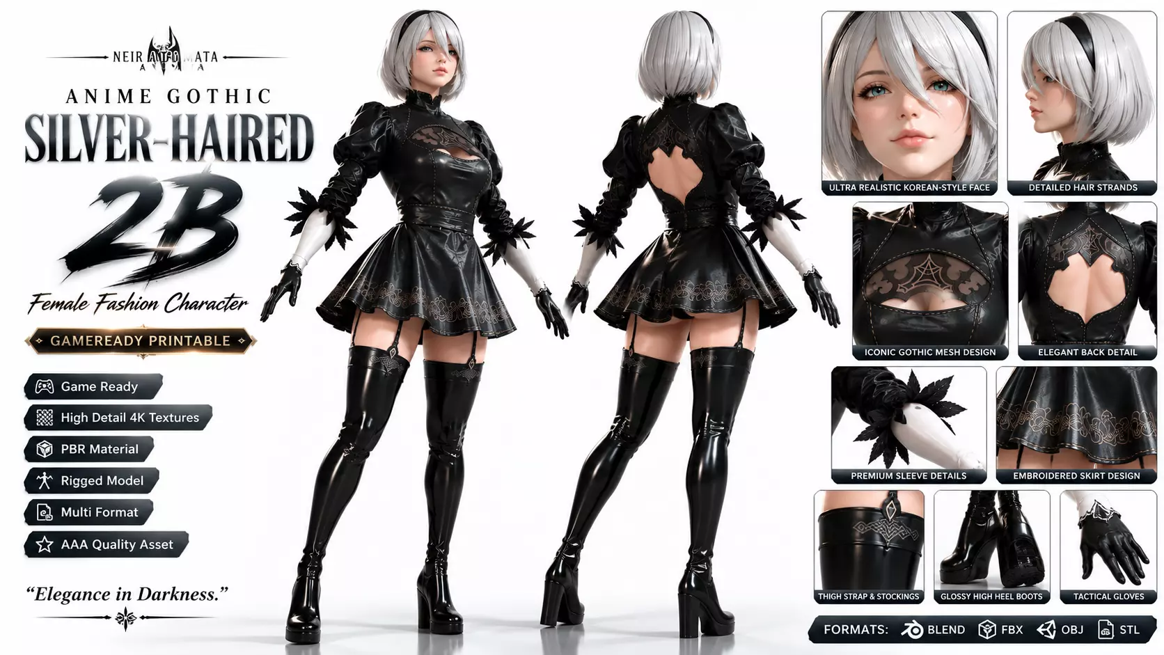 Anime Silver-Haired 2B NieR Automata Female Fashion Character 3D model