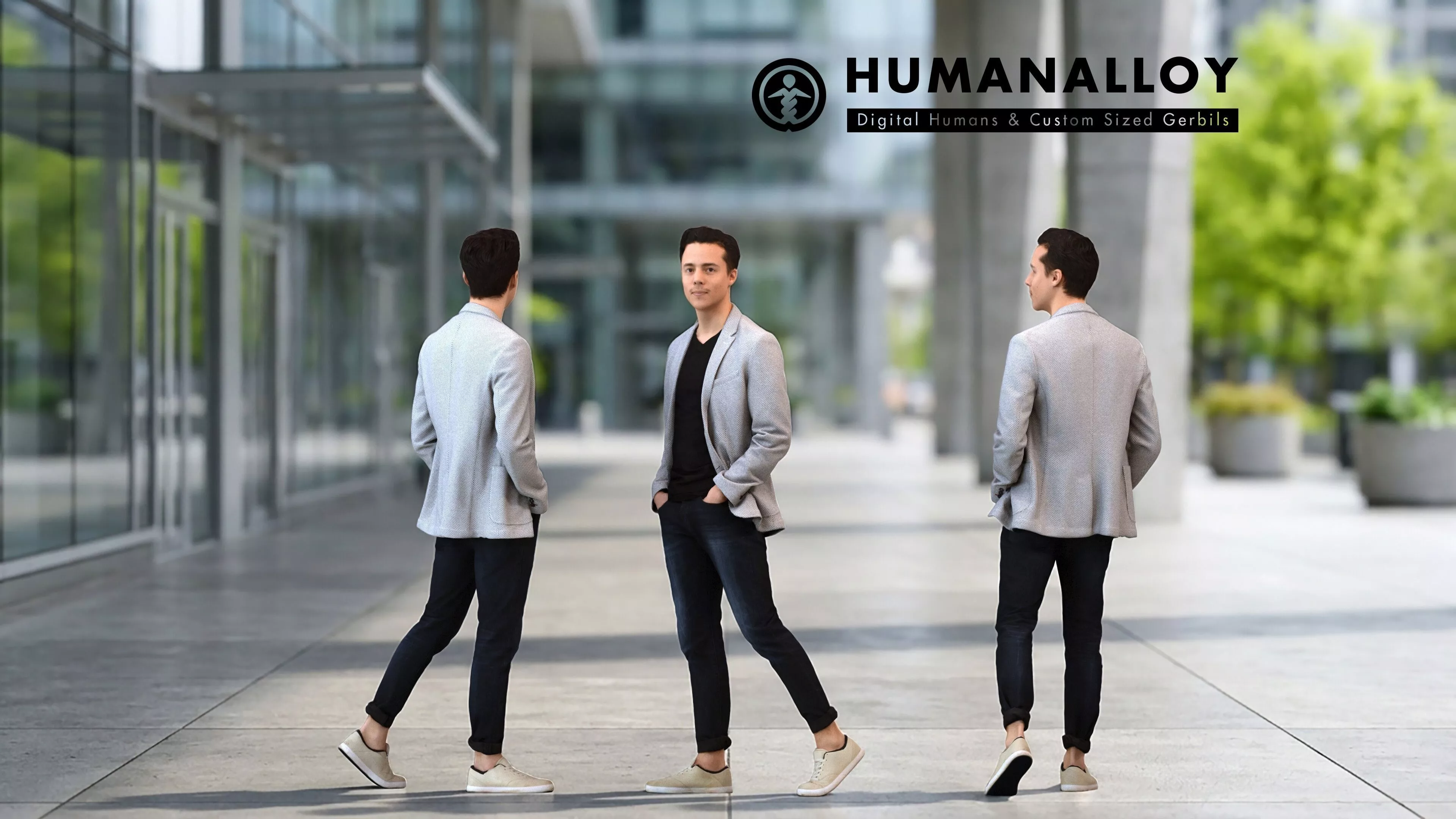 Adult Caucasian man walking through public space in 3D model