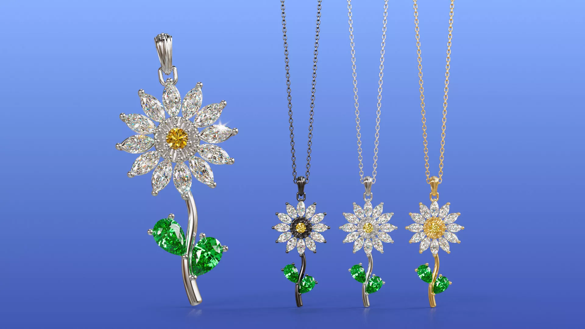Diamond Stem Daisy Pendant Marquise Diamond Flower Leaves 3D print model