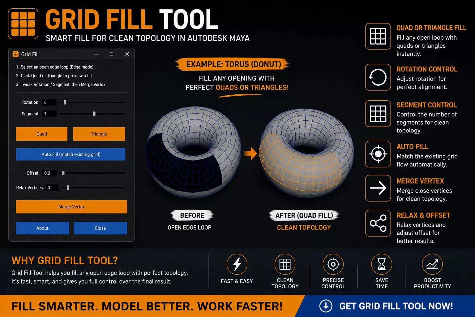 Grid Fill Tool Smart Fill for Clean Topology in Autodesk Maya 3D model