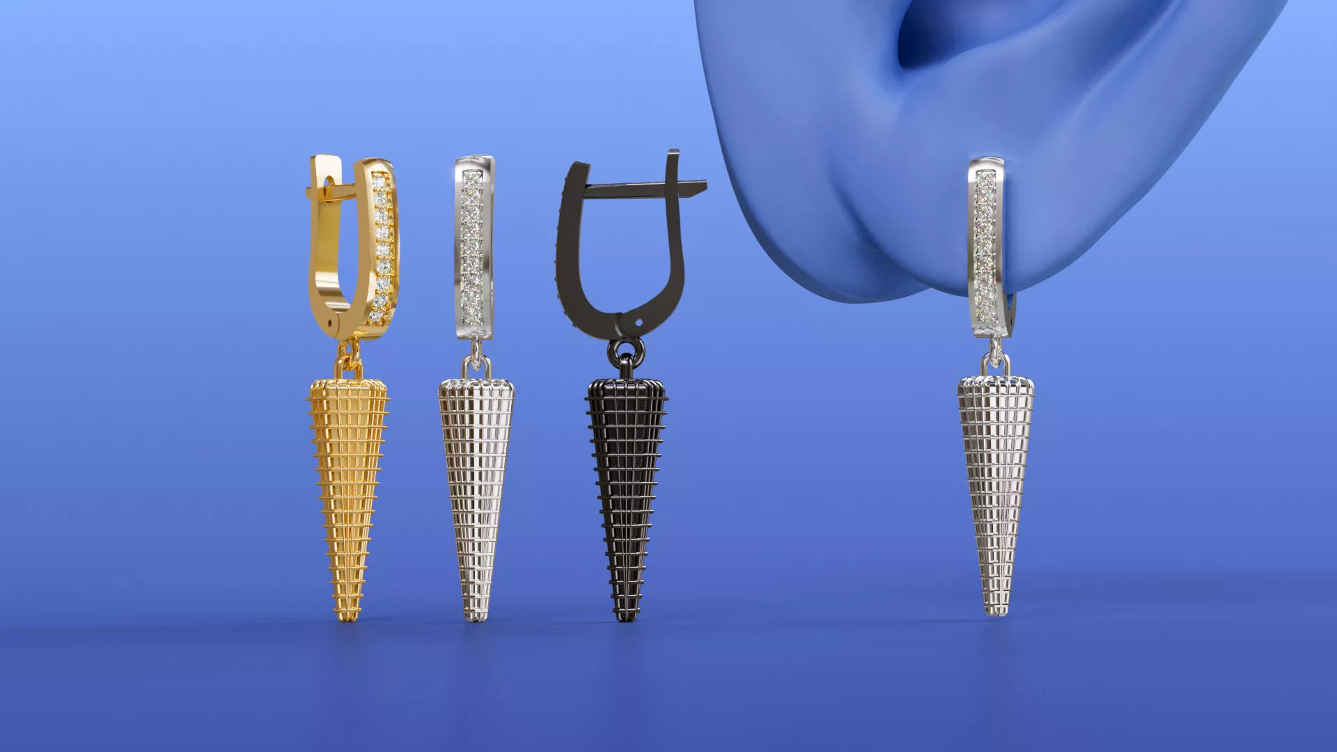 Drop Diamond Huggie Hoop Earrings Textured Cone Pendant 3D print model