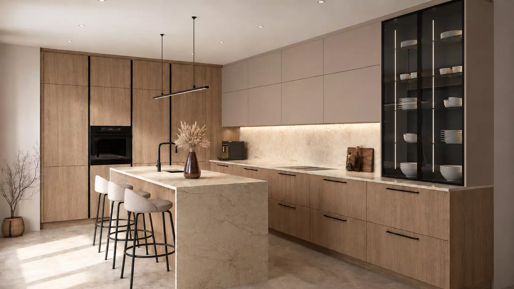 Oak and Cashmere Kitchen with Stone Island 3D Model 3D model