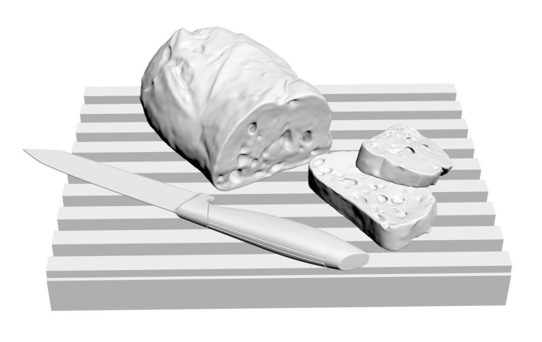 Wooden cutting board with bread 3D model_1