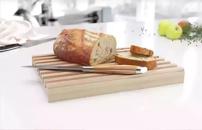 Wooden cutting board with bread 3D model