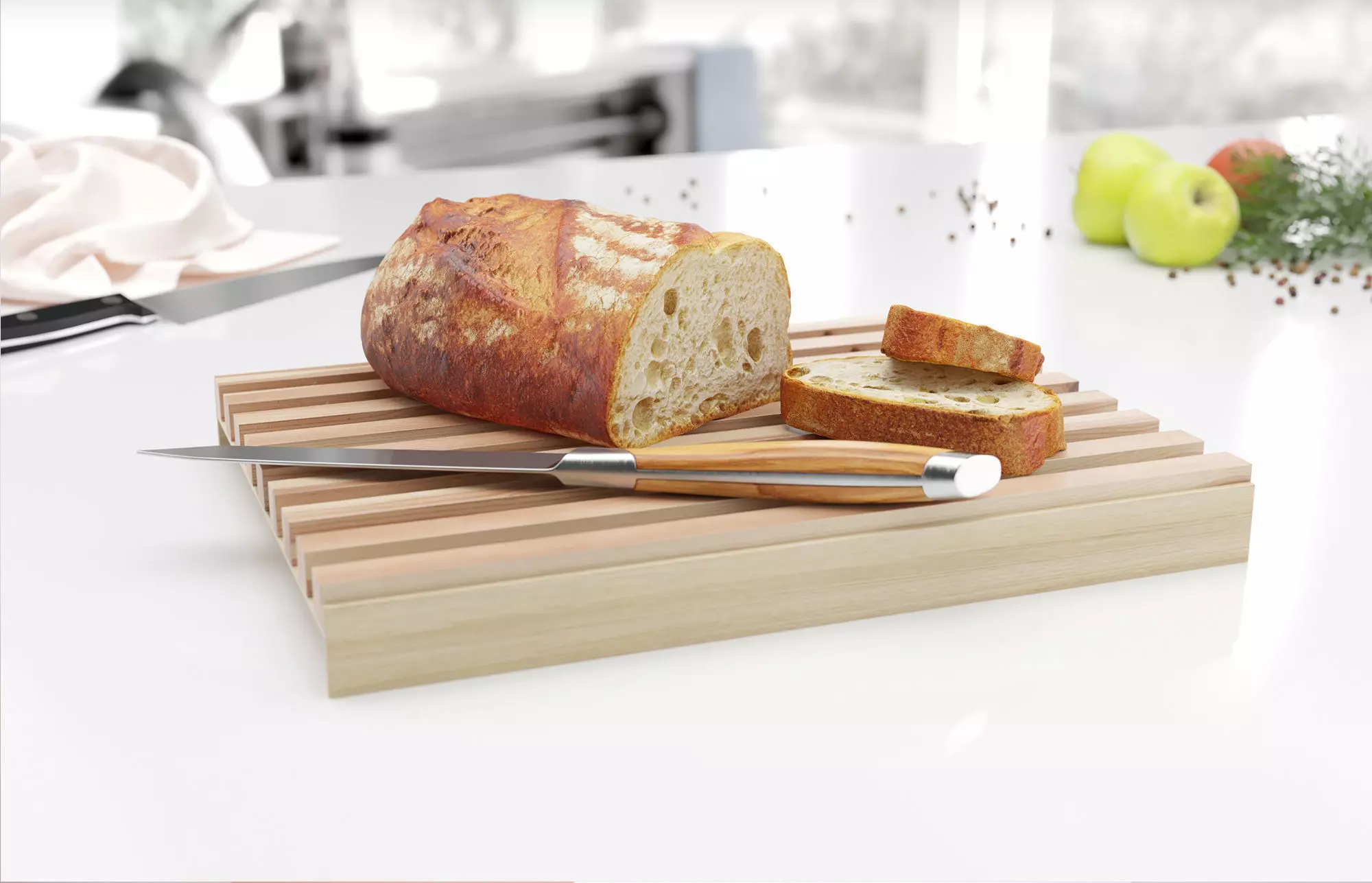 Wooden cutting board with bread 3D model_0