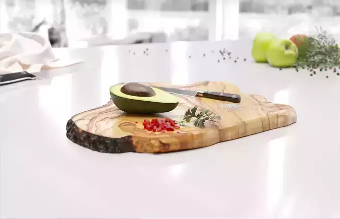 Wooden cutting board with avocado 3D model