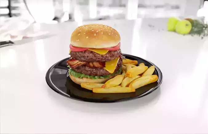Burger with french fries 3D model