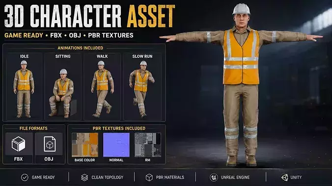 Realistic Construction Worker Character Game Ready 3D FBX OBJ