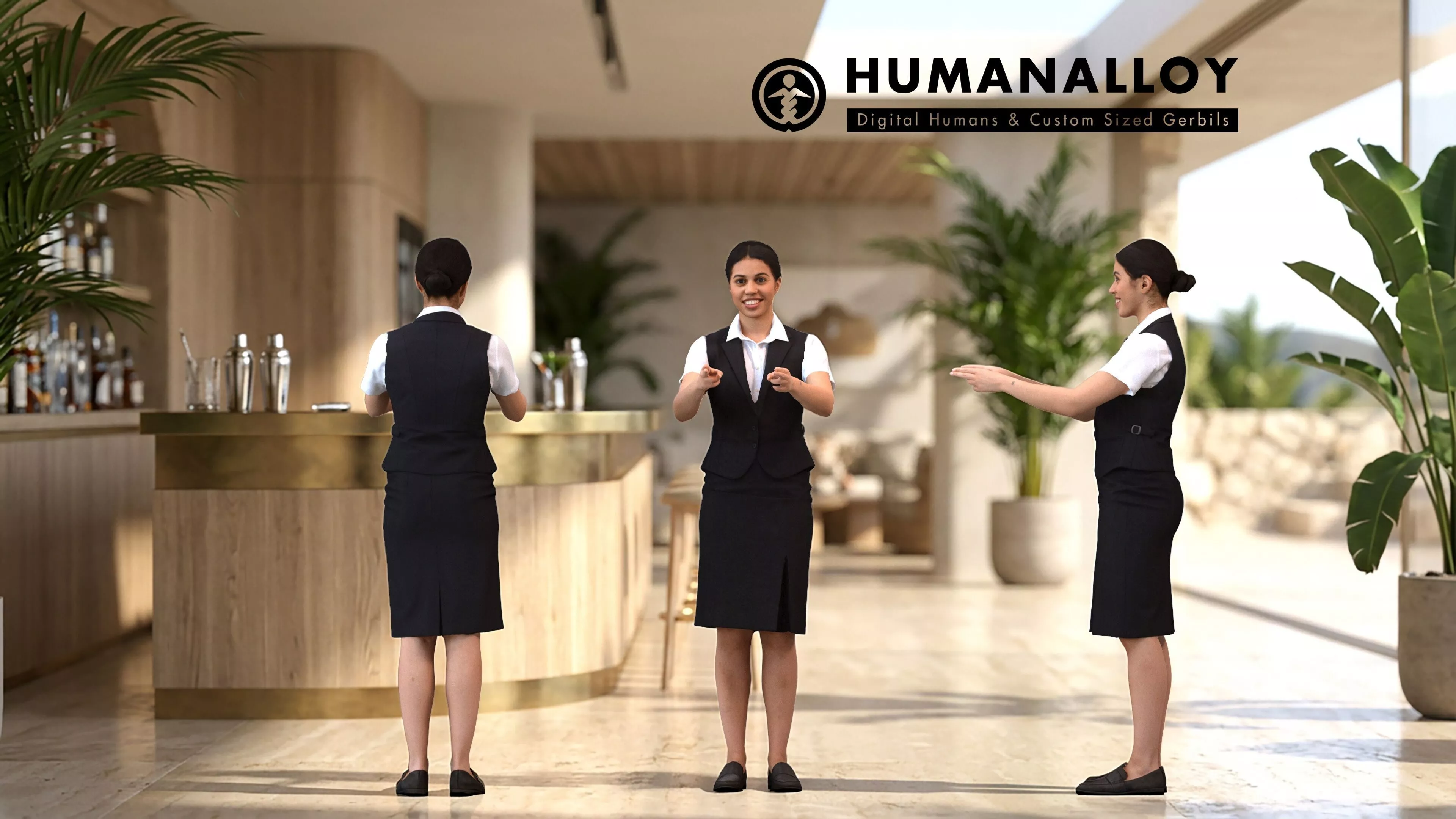 Adult Latino woman presenting in hospitality setting wearing 3D model