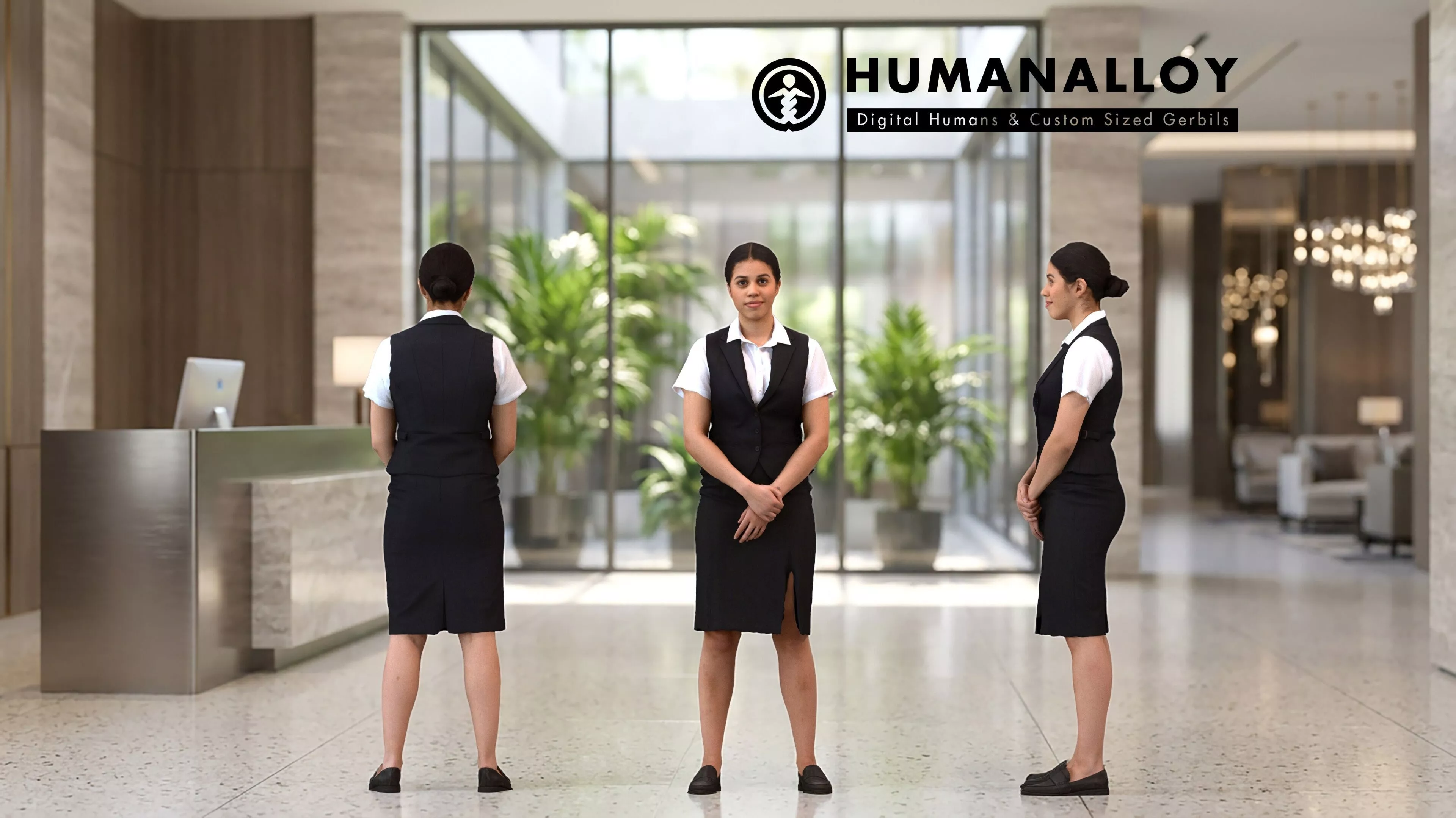 Adult Latino woman waiting in hospitality setting wearing 3D model