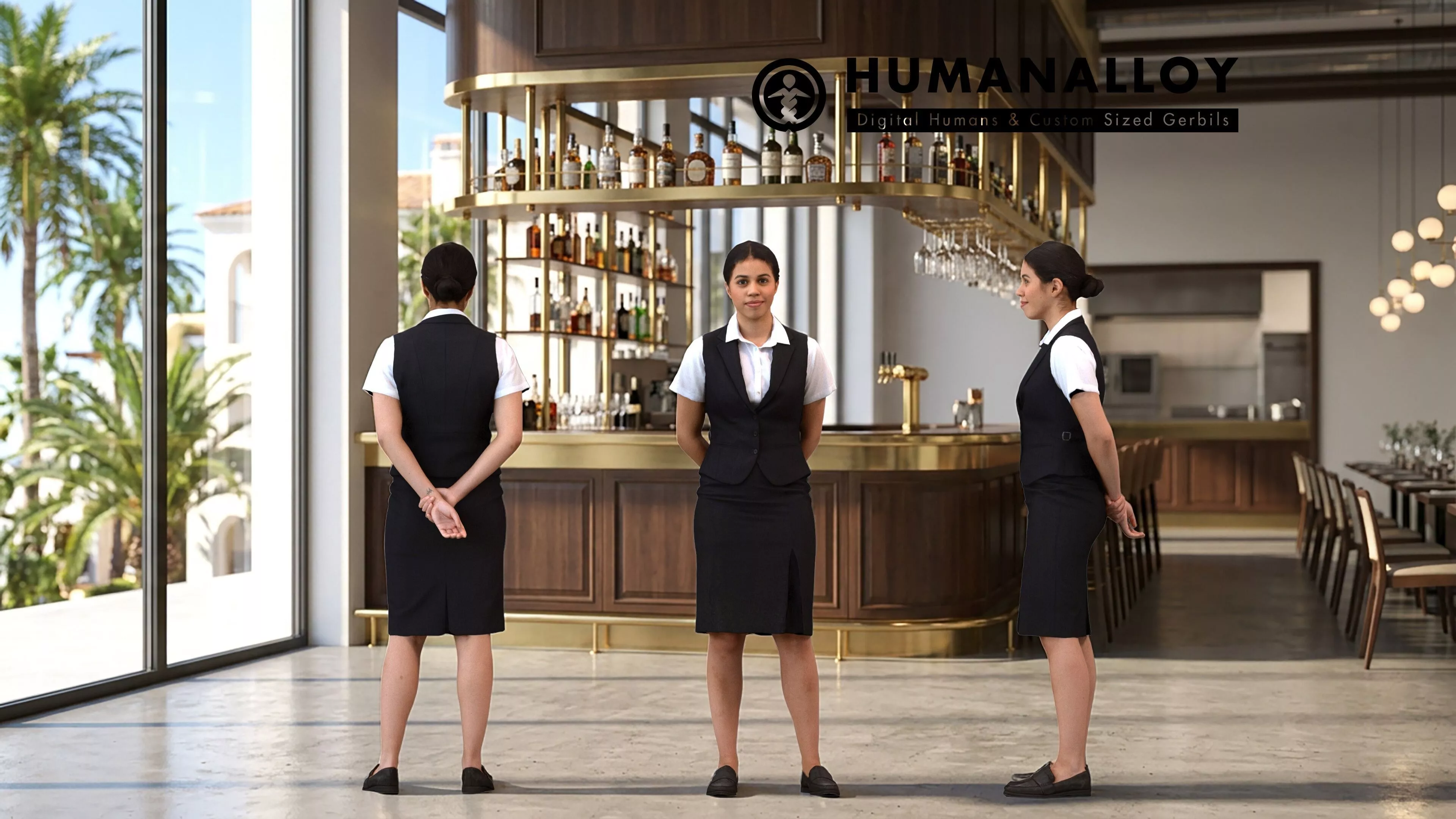 Adult Latino woman waiting in hospitality venue wearing summer 3D model
