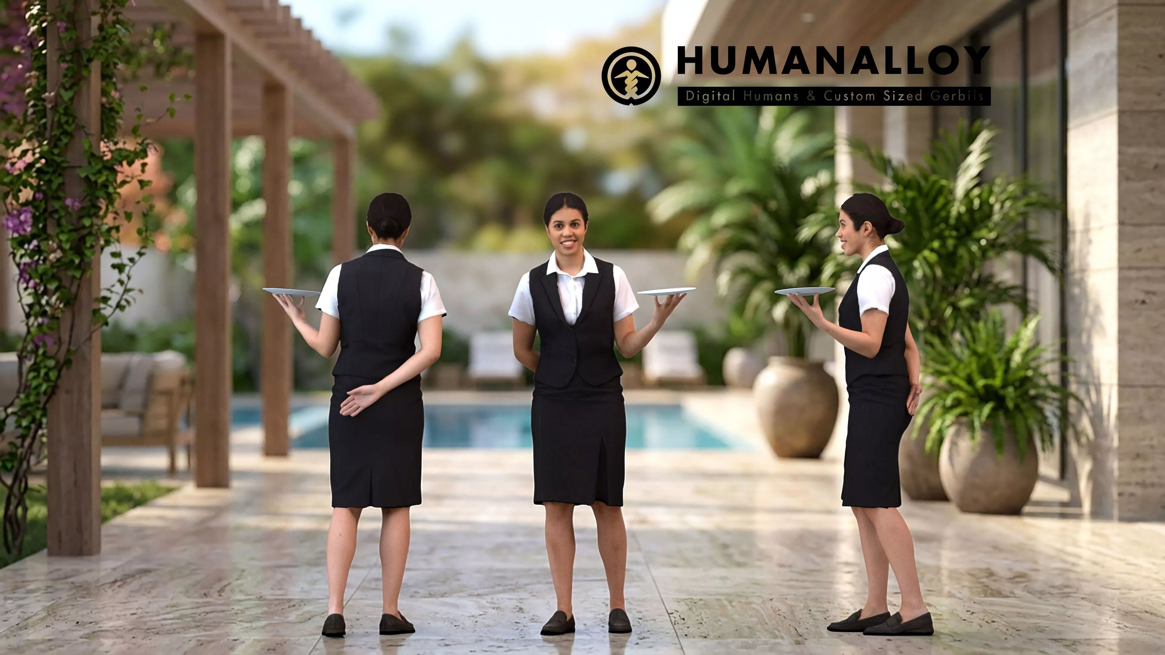 Adult Latino woman waiting in hospitality setting wearing 3D model