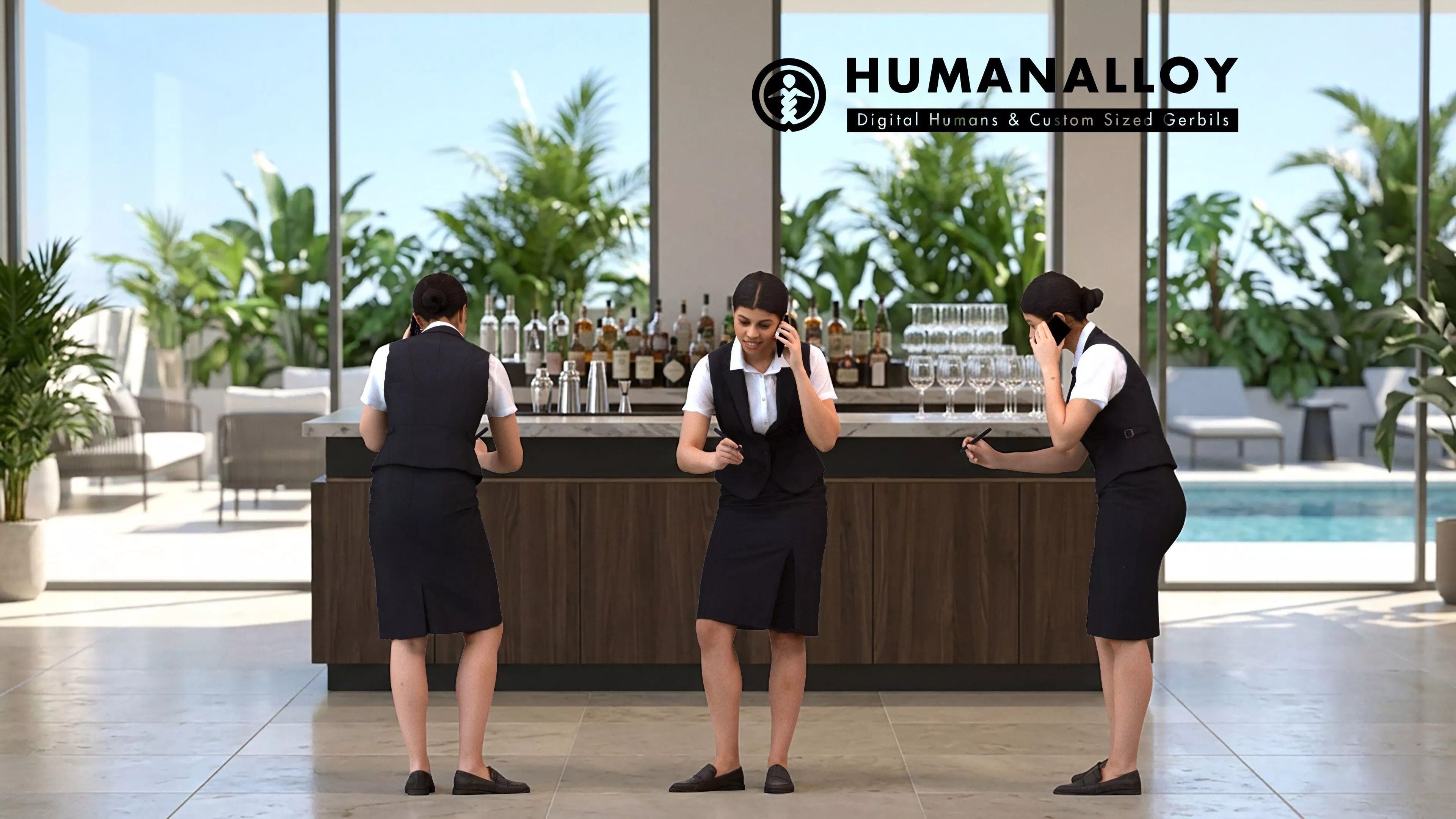 Adult Latino woman calling smartphone in hospitality summer 3D model