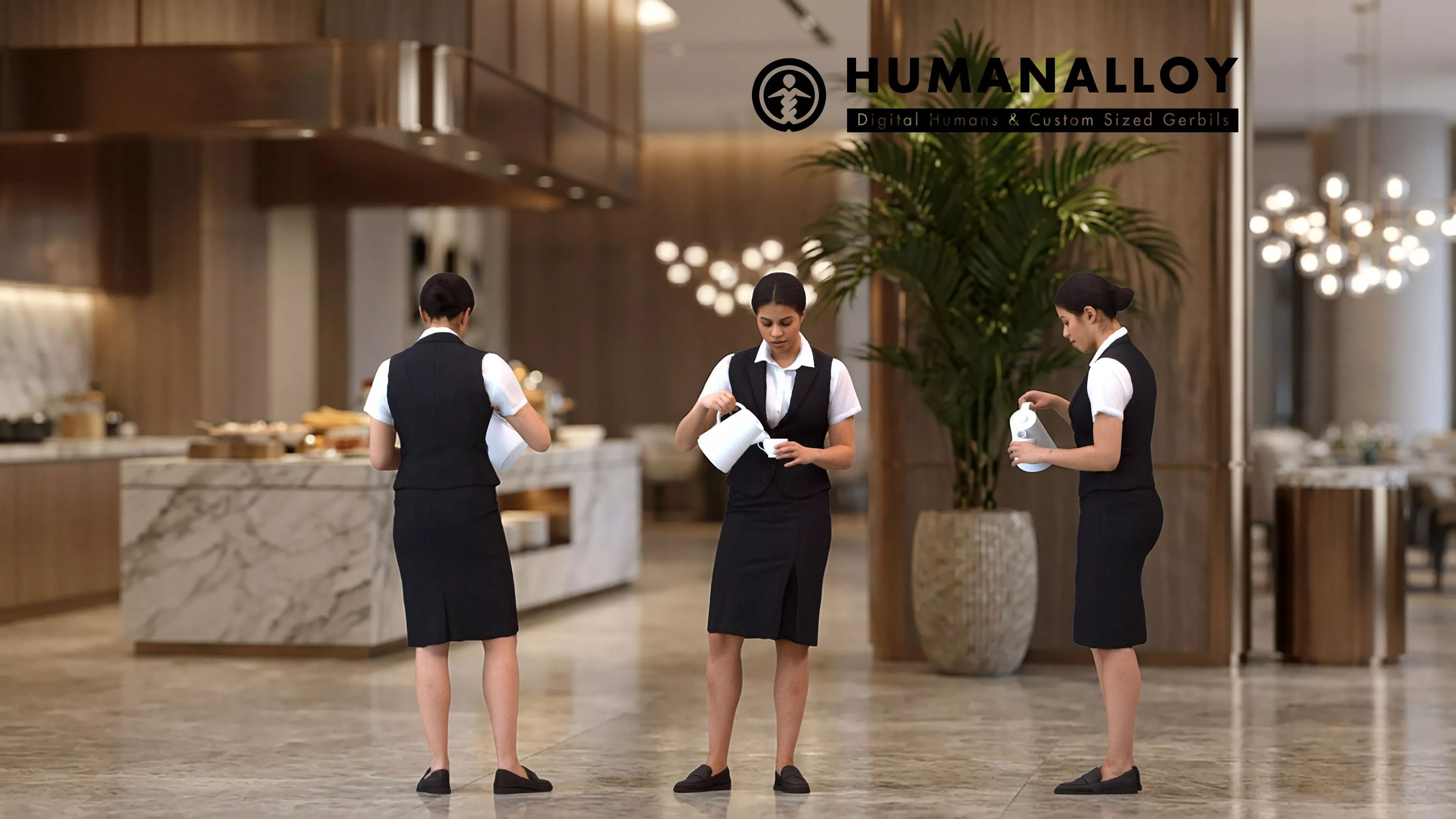 Adult Latino woman waiting in hospitality setting wearing 3D model