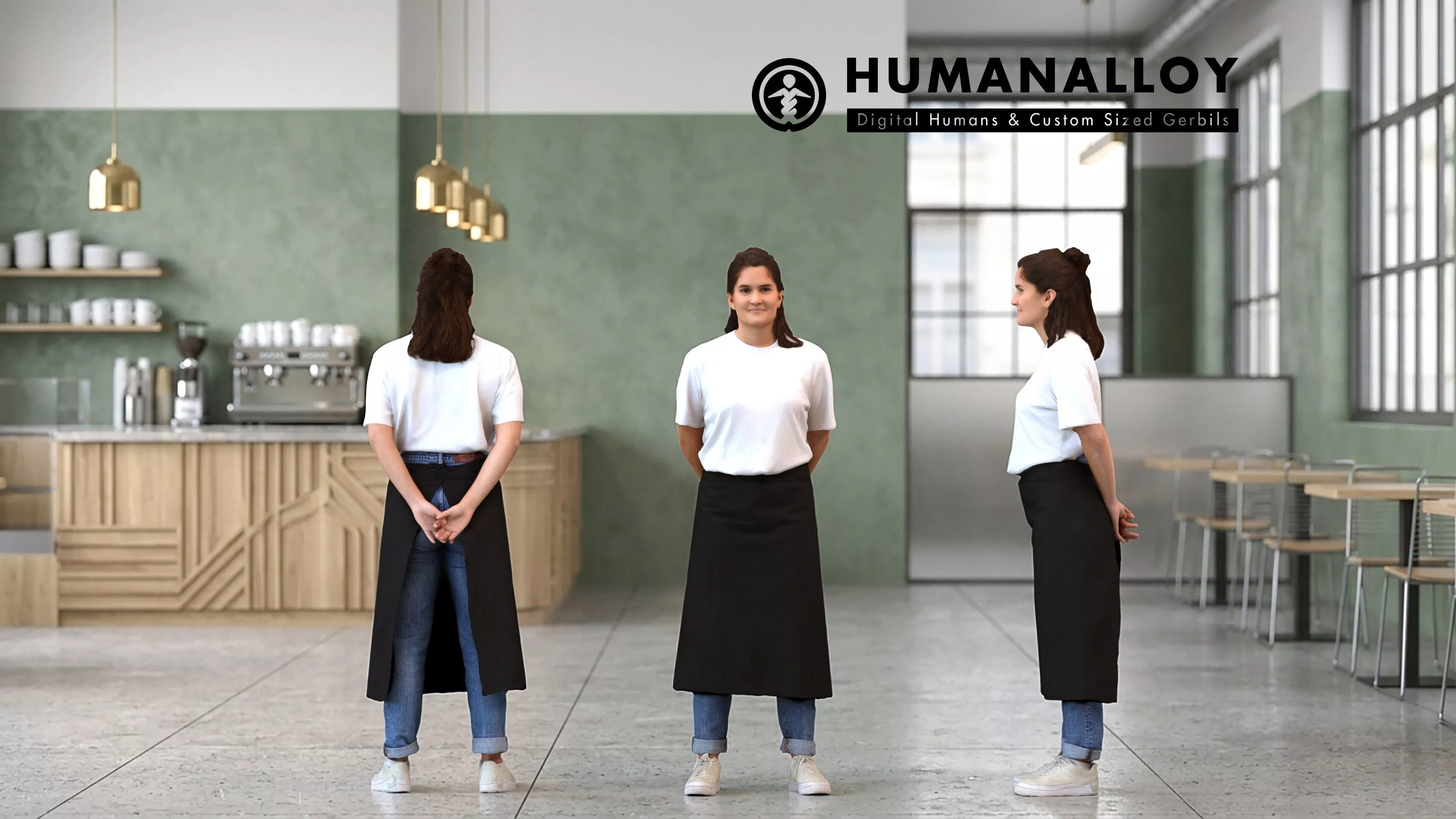 Adult Caucasian woman waiting in hospitality setting wearing 3D model