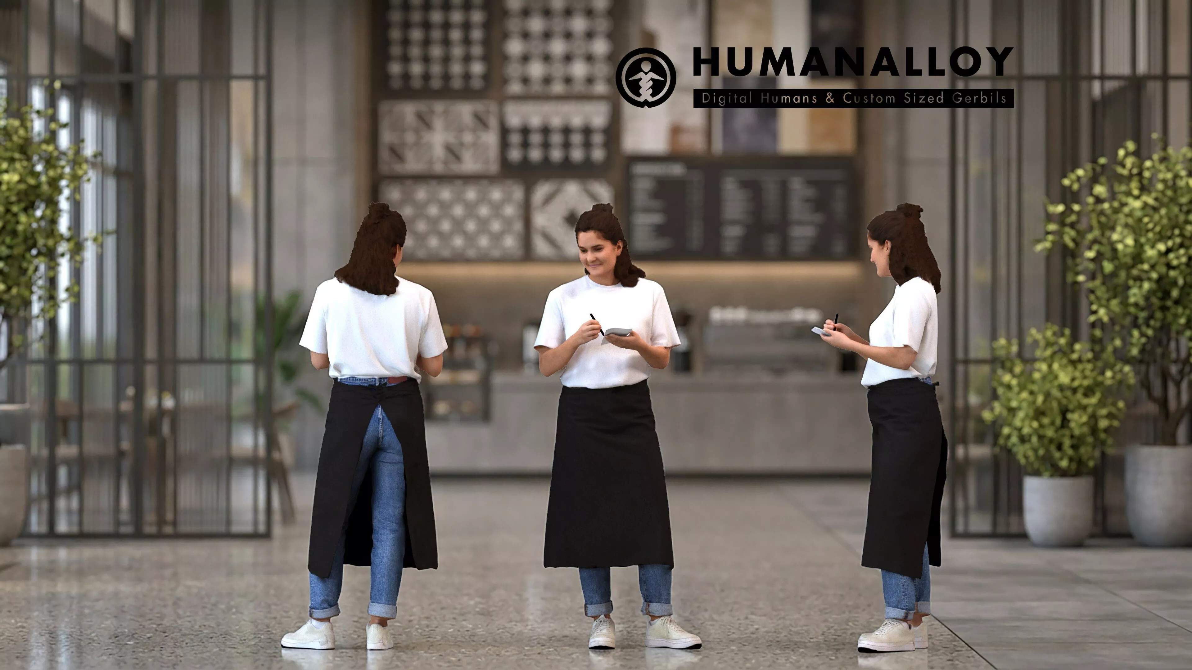 Adult Caucasian woman standing in hospitality setting wearing 3D model