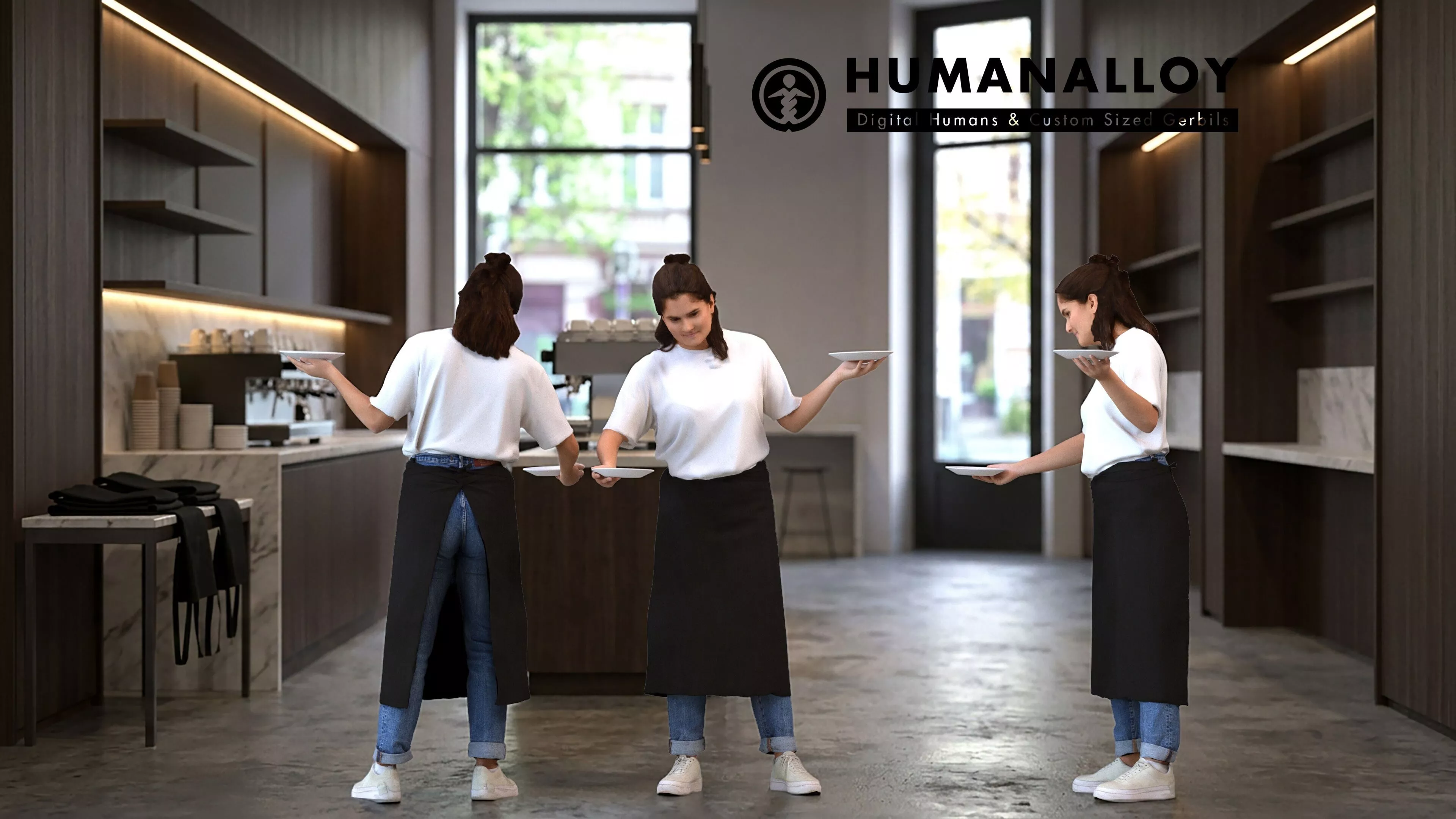 Adult Caucasian woman standing in hospitality setting wearing 3D model