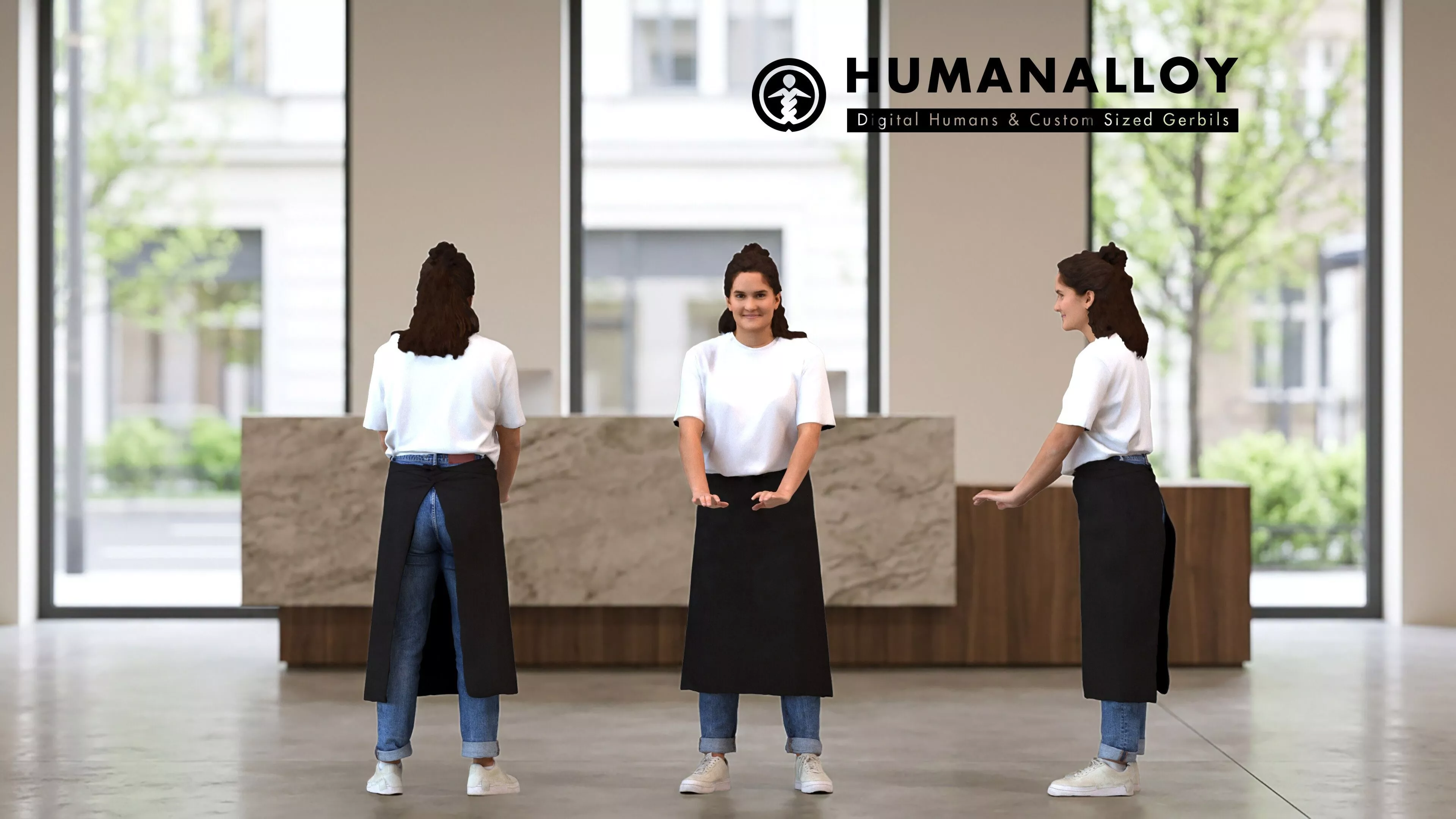 Adult Caucasian woman waiting in hospitality setting wearing 3D model