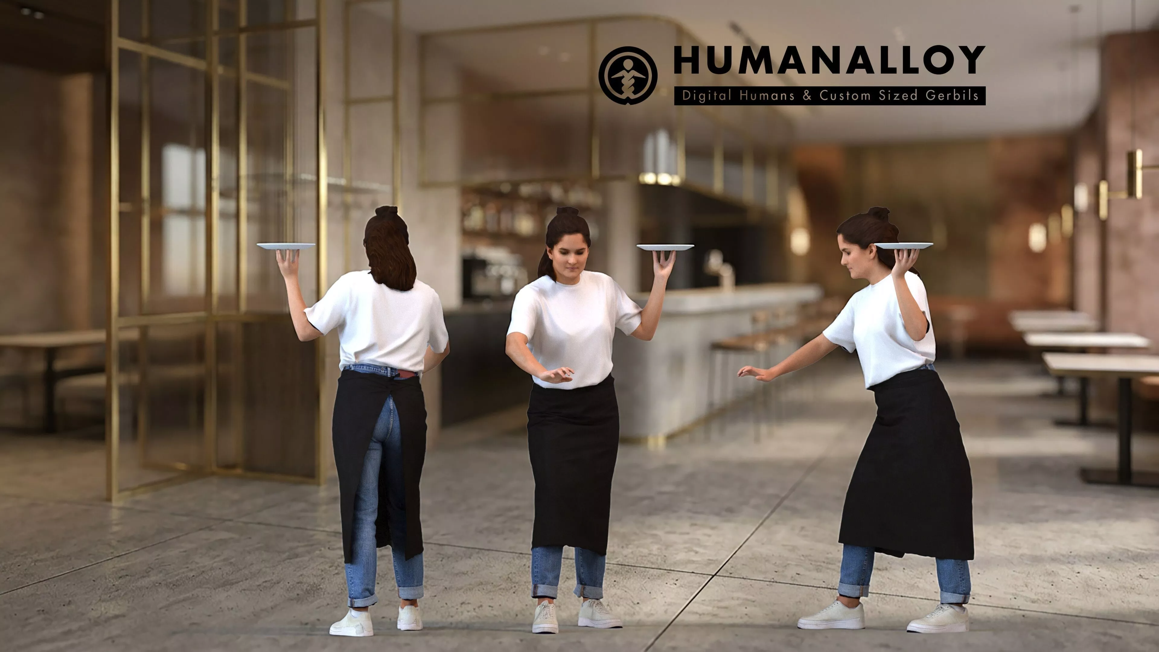 Adult Caucasian woman presenting in hospitality setting wearing 3D model