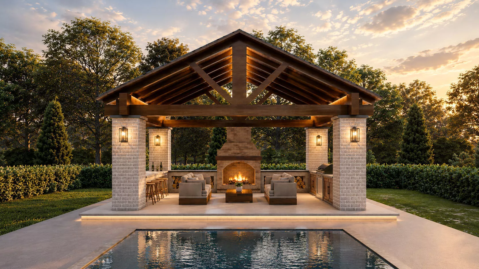 Modern Rustic outdoor Kitchen Pavilion Fireplace BBQ Pool 3D model