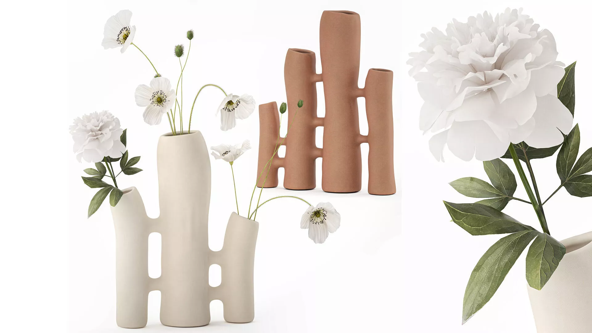 Minimalist Bouquet White Poppy Peony Italian Vases 3D model