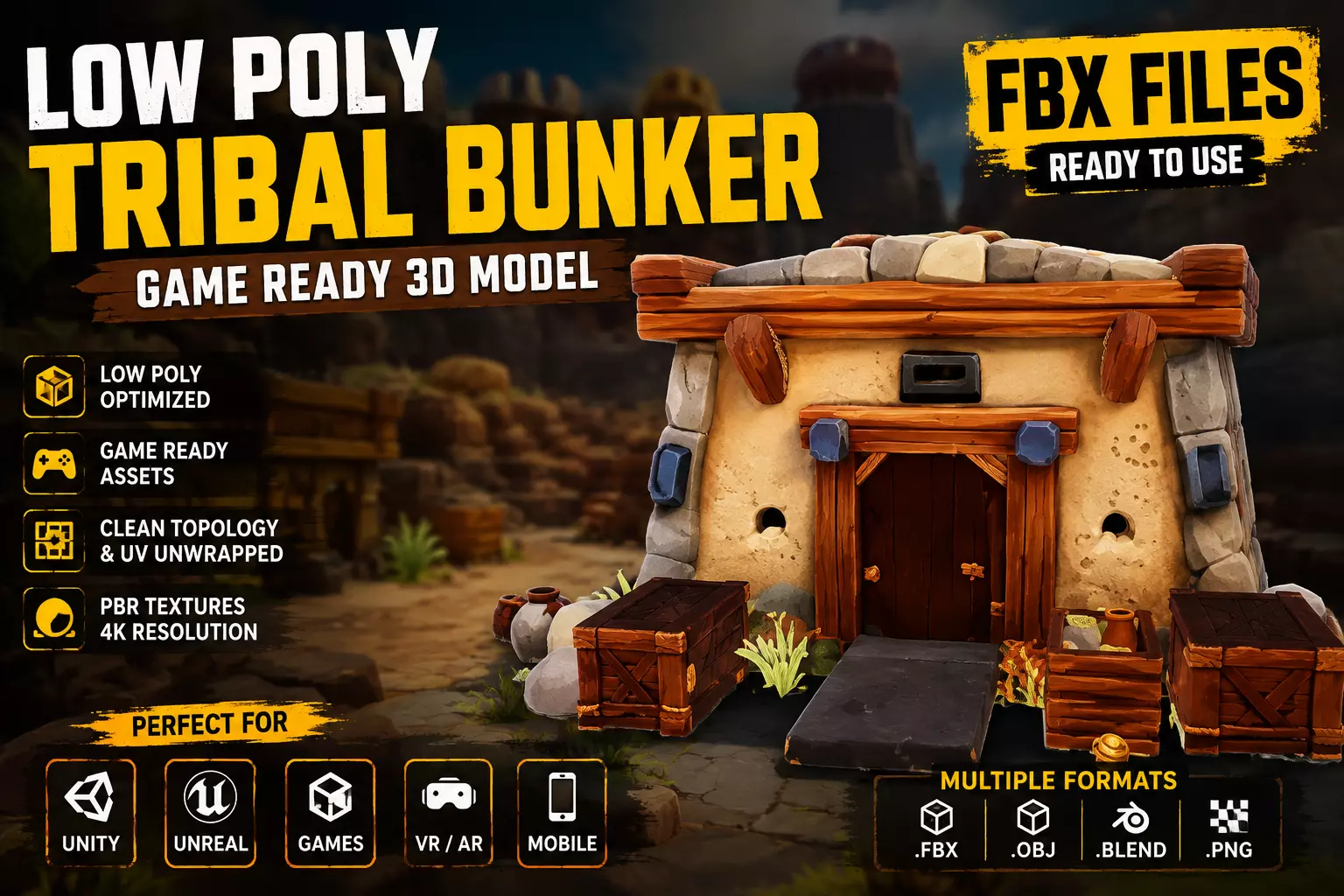 Low Poly Tribal Bunker FBX Model Low-poly 3D model