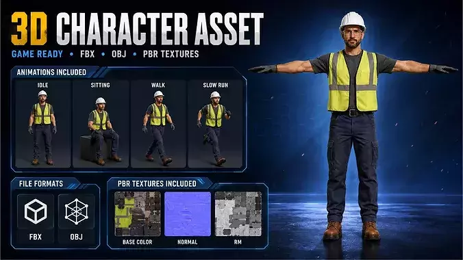 Realistic Construction Worker Character Game Ready FBX OBJ