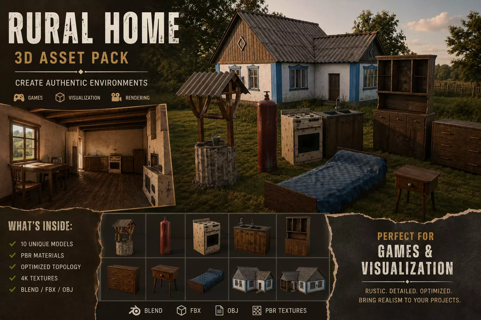 Village House - Rural Furniture Props Pack PBR Game Ready 3D model