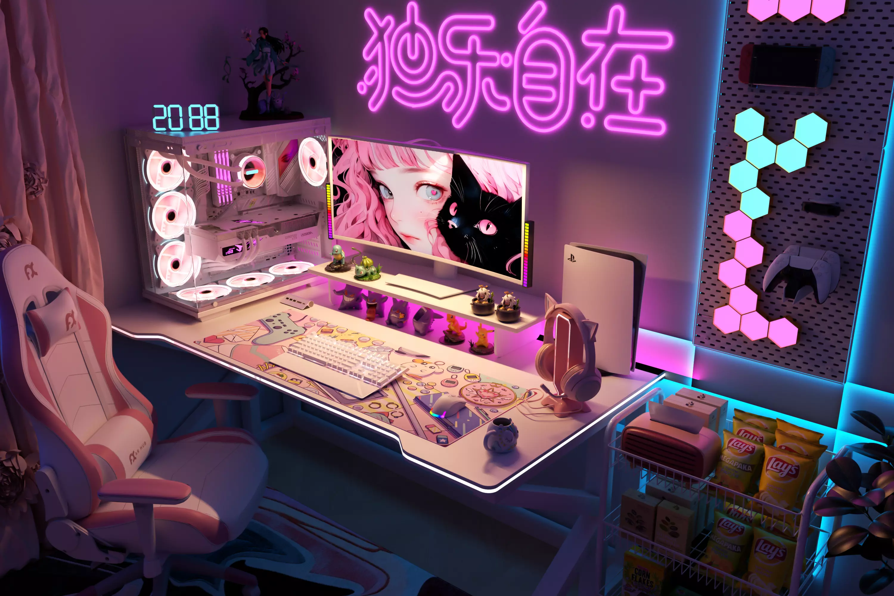 Pink Purple Neon Kawaii Girl Gaming Room Interior 3D model