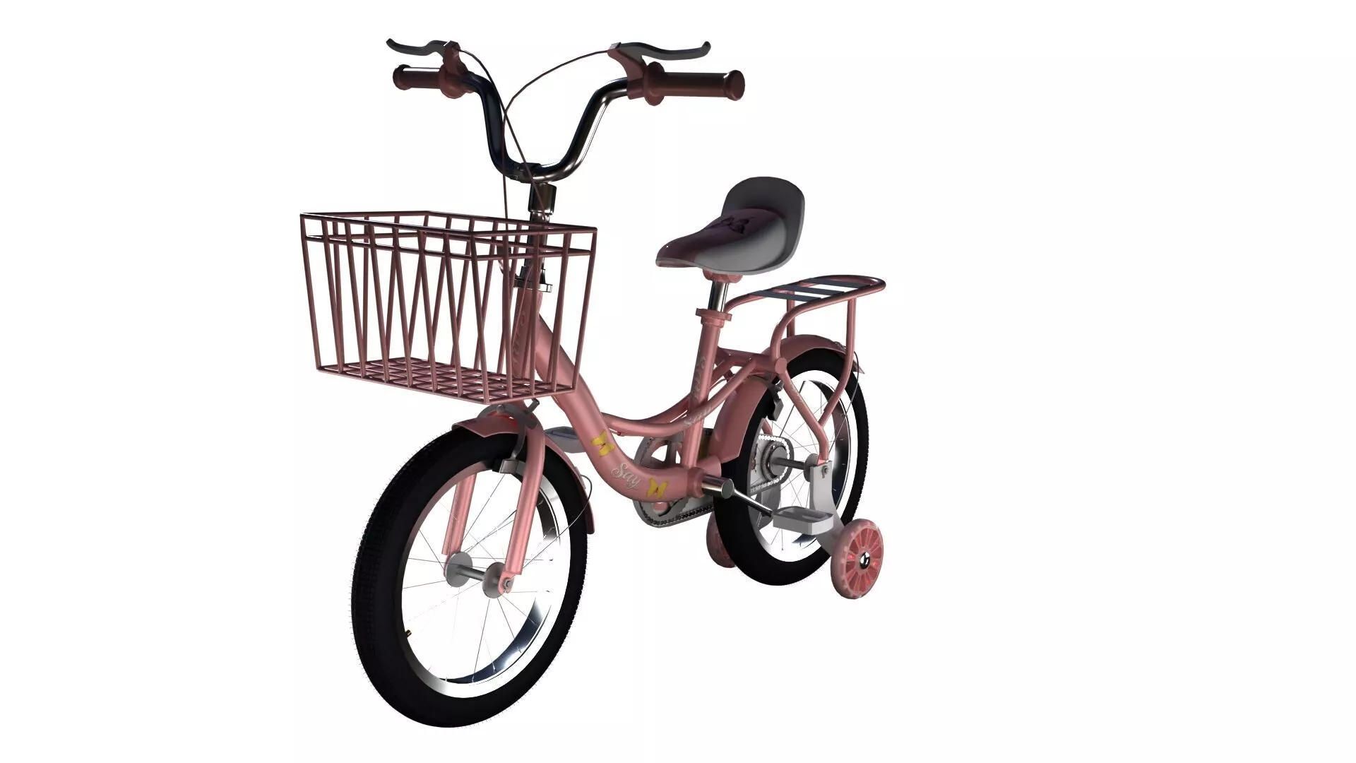 Kids Bicycle with Basket and Training Wheels 3D Model 3D model