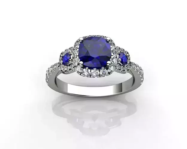 Cushion Cut Blue Sapphire  Diamond Engagement Ring