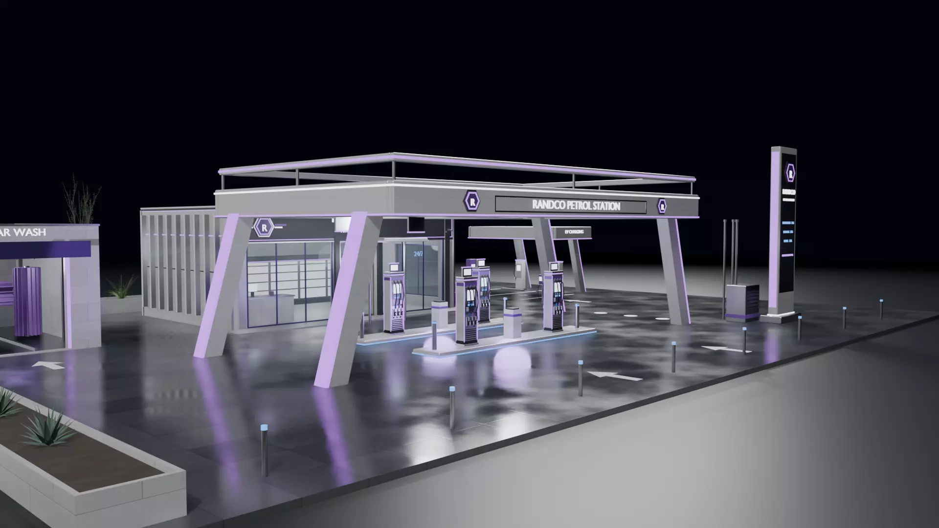 Randco Petrol Station - Futuristic Gas Station with Car Wash Low-poly 3D model