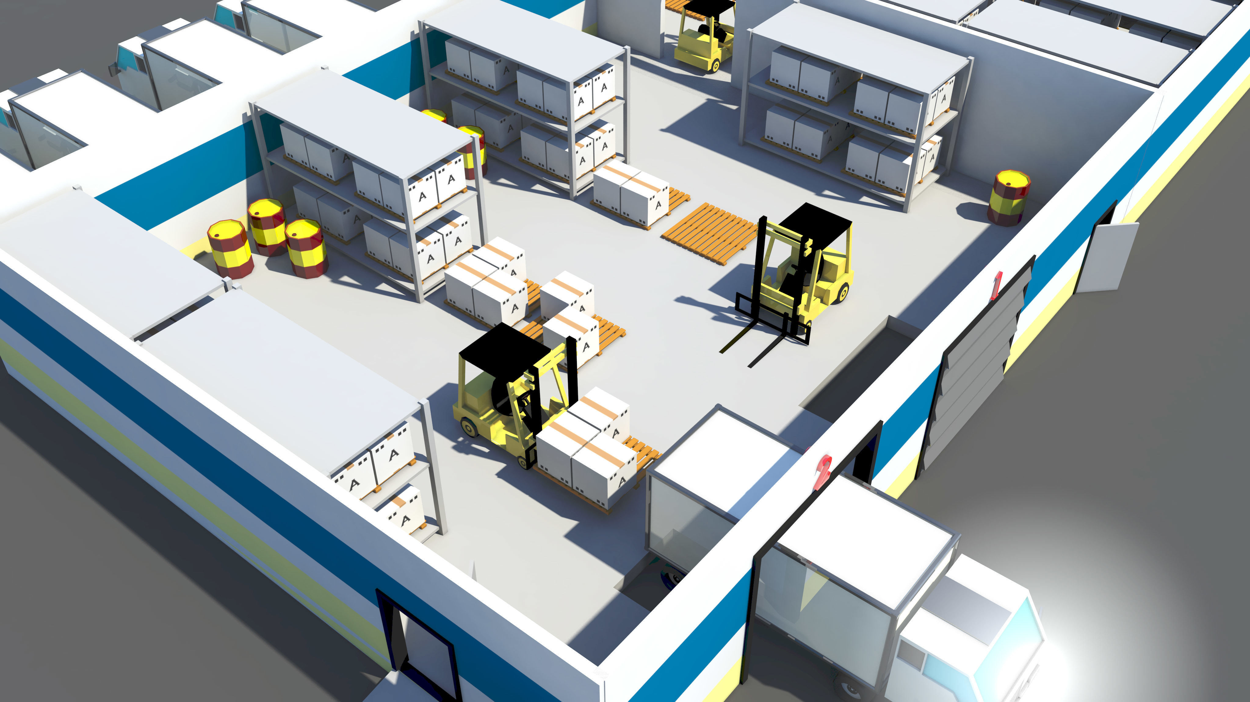 3D model Low Poly Warehouse with Forklift and Truck Low-poly 3D model_2