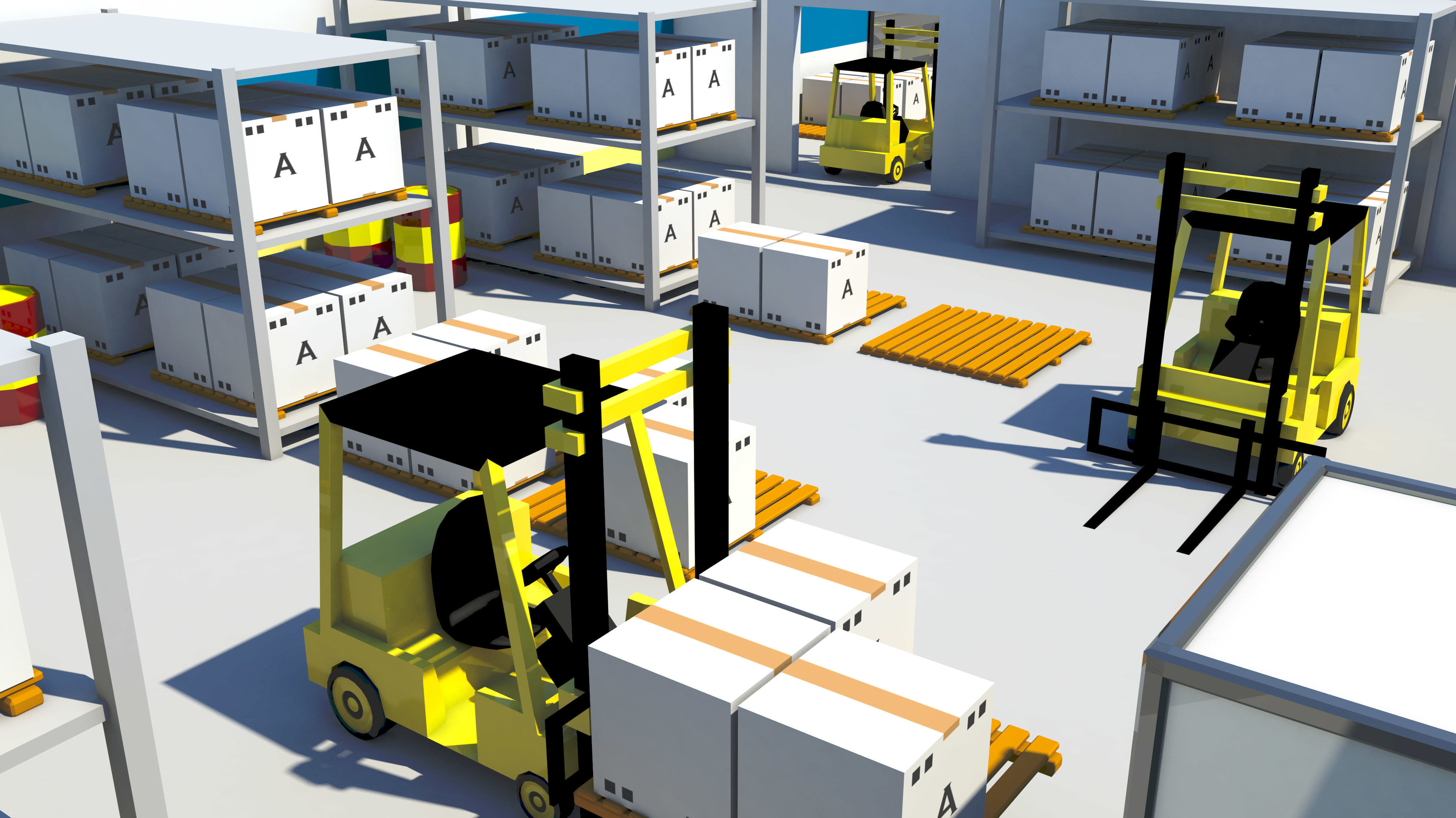 3D model Low Poly Warehouse with Forklift and Truck Low-poly 3D model_1