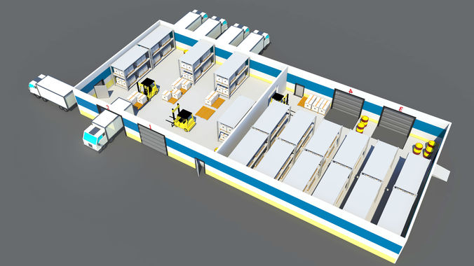 3D model Low Poly Warehouse with Forklift and Truck Low-poly 3D model
